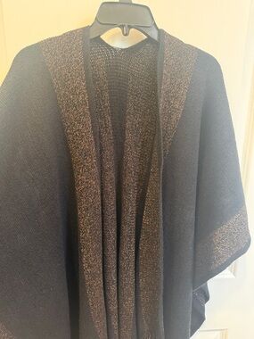Black & Bronze Metallic Knit Open Front Poncho